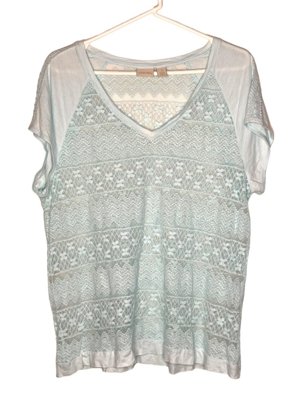 Chico's turquoise lace v neck t shirt size XL 16 cottage feminine romantic